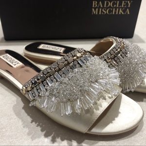 Badgley Mischka Ivory Satin Embellish Slide Sandal
